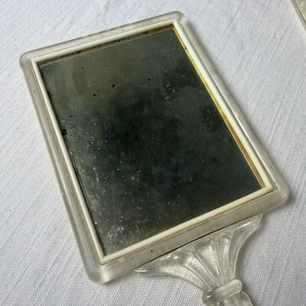 Vintage Vanity Set 2 Pieces Brush Handheld Mirror Lucite or Acrylic w/ Gold Foil